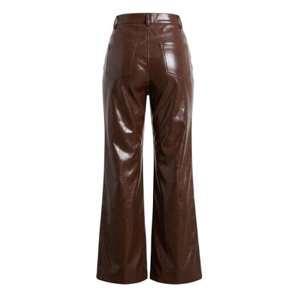 Brown - Back - Missy Empire Womens-Ladies Faux Leather Wide Leg Trousers