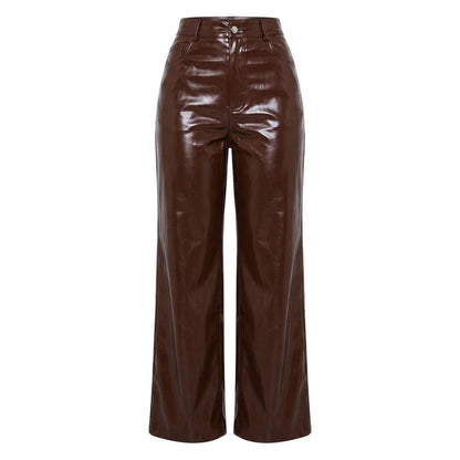 Brown - Front - Missy Empire Womens-Ladies Faux Leather Wide Leg Trousers