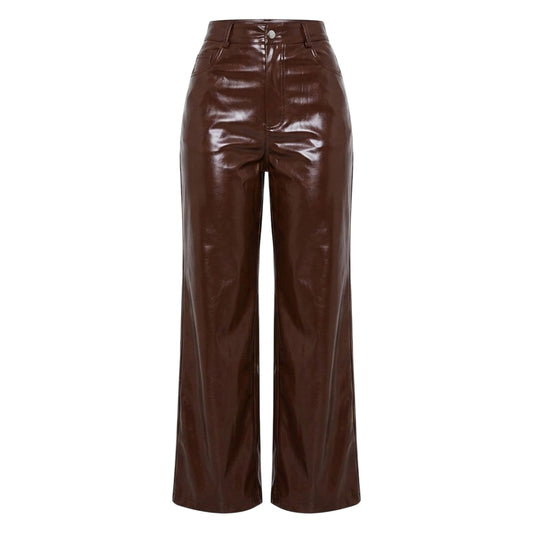 Brown - Front - Missy Empire Womens-Ladies Faux Leather Wide Leg Trousers