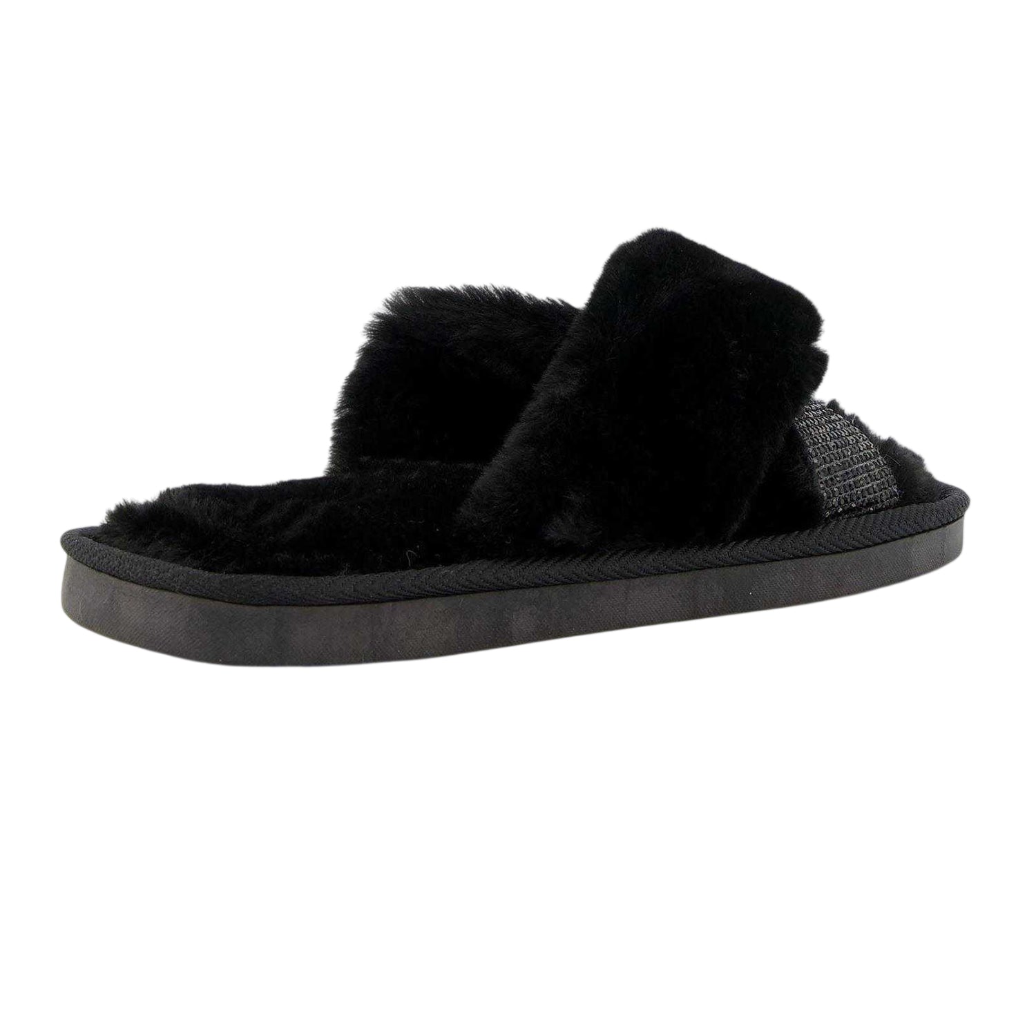 Black - Back - Dune London Womens-Ladies Diamante Faux Fur Indoor Slippers