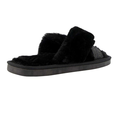 Black - Back - Dune London Womens-Ladies Diamante Faux Fur Indoor Slippers