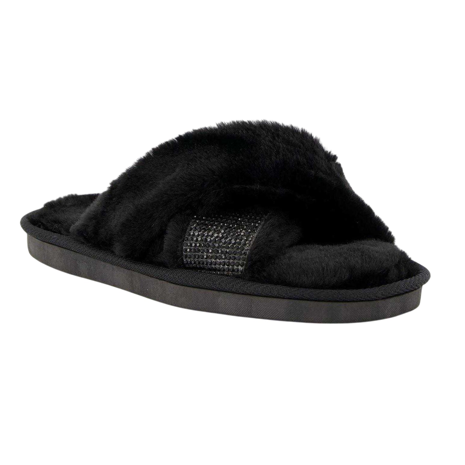 Black - Side - Dune London Womens-Ladies Diamante Faux Fur Indoor Slippers