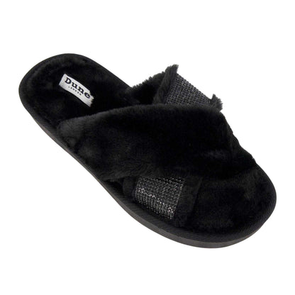 Black - Pack Shot - Dune London Womens-Ladies Diamante Faux Fur Indoor Slippers