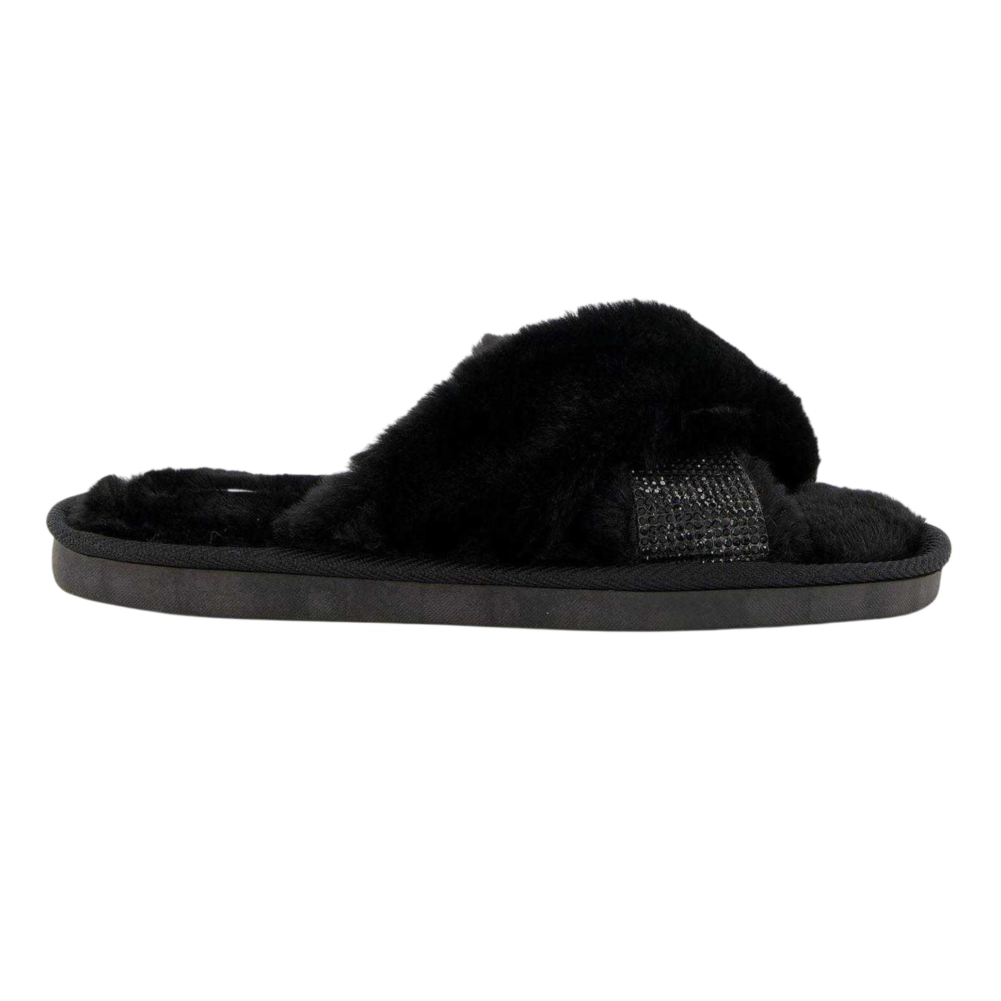 Black - Front - Dune London Womens-Ladies Diamante Faux Fur Indoor Slippers