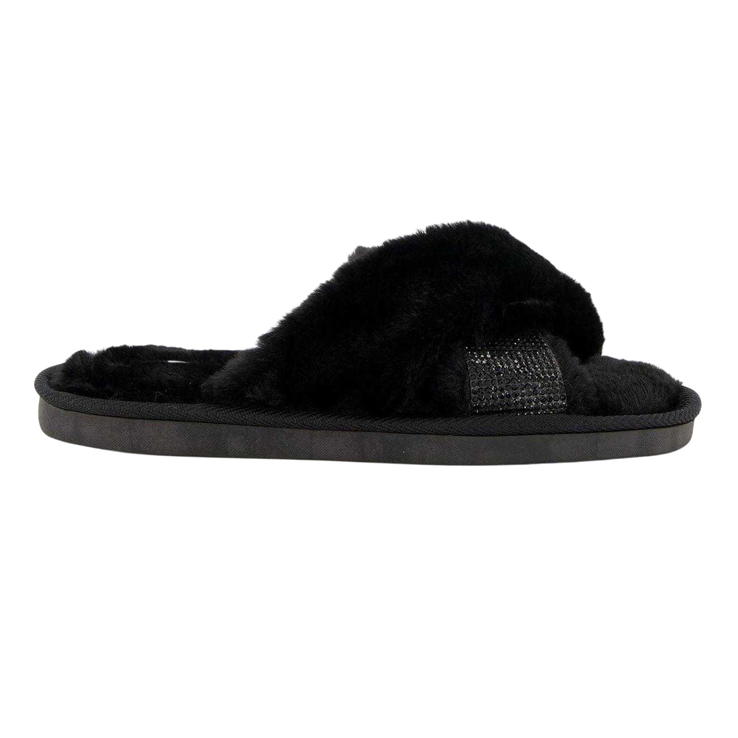 Black - Front - Dune London Womens-Ladies Diamante Faux Fur Indoor Slippers