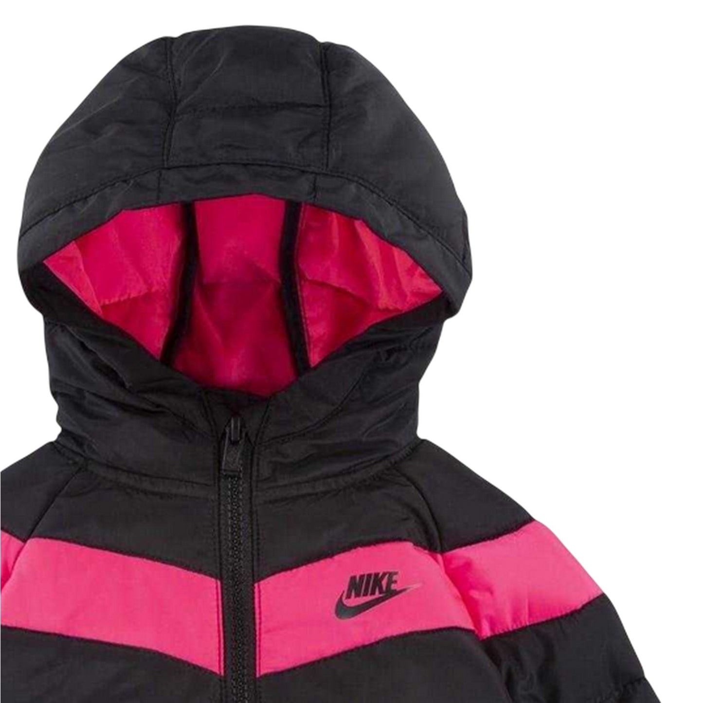Black-Pink - Side - Nike Baby Girls Contrast Striped Puffer Jacket