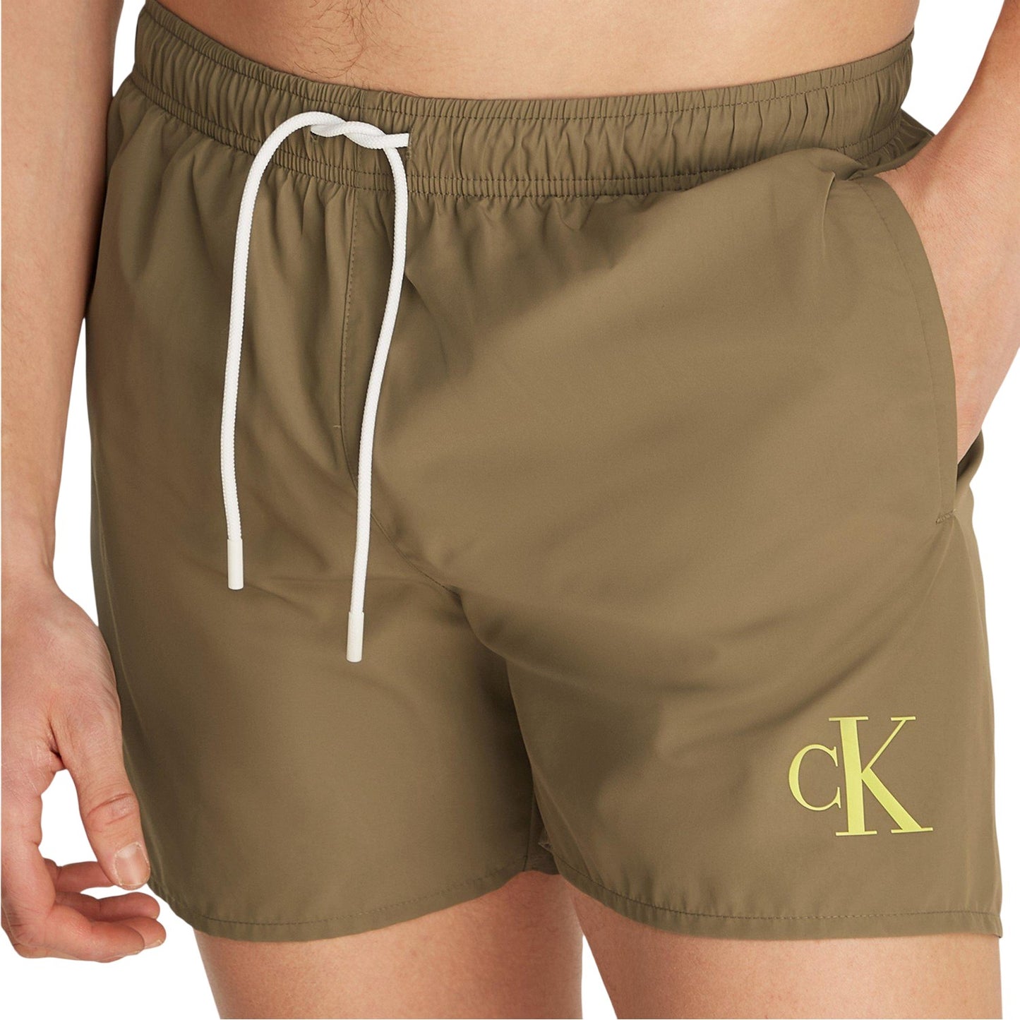 Dusky Green - Side - Calvin Klein Mens Contrast Logo Regular Swim Shorts