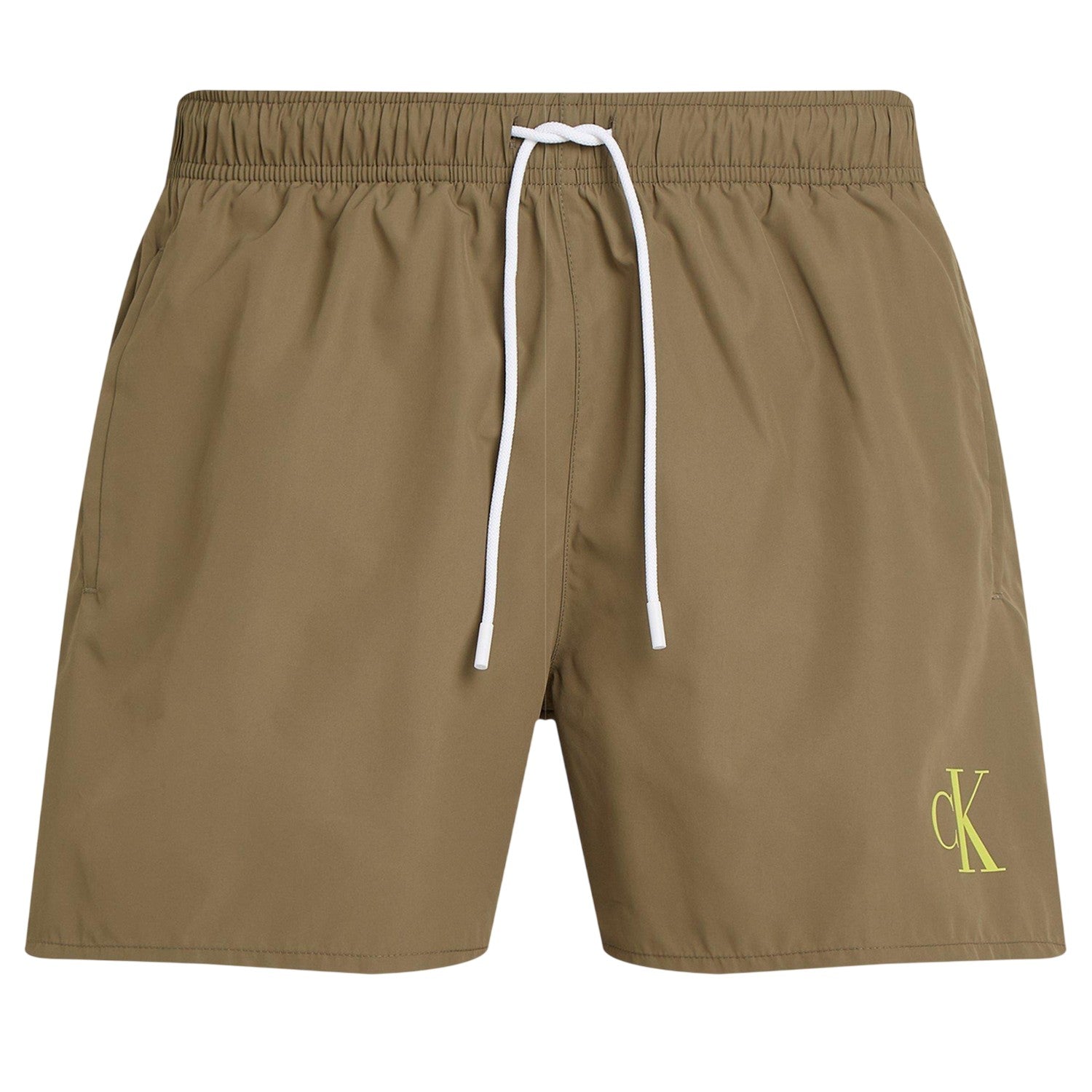 Dusky Green - Front - Calvin Klein Mens Contrast Logo Regular Swim Shorts