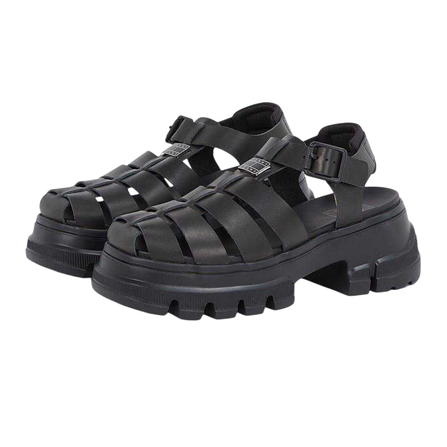 Black - Side - Tommy Jeans Womens-Ladies Fisherman Leather Platform Sandals