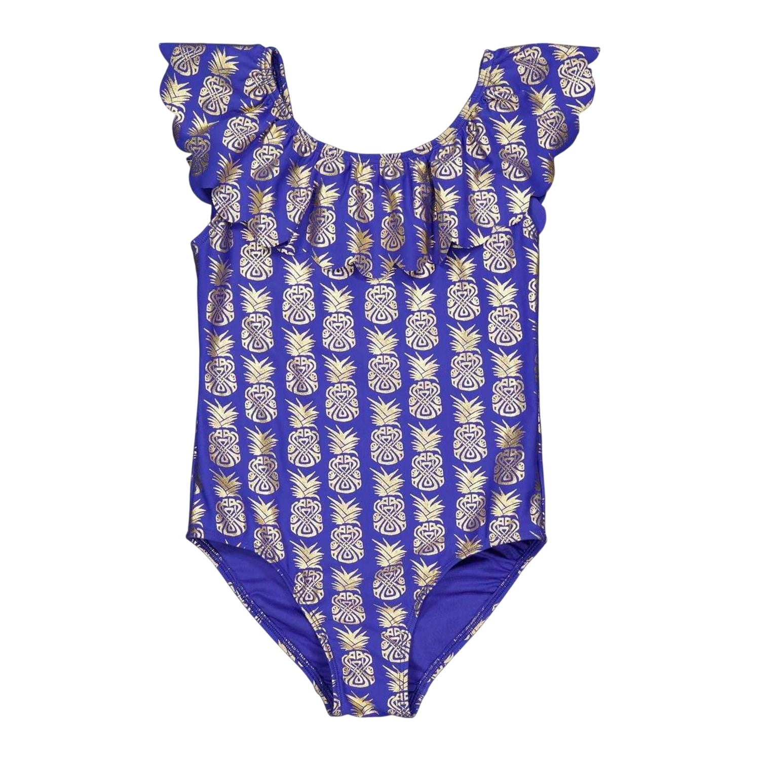 Blue - Back - Biba Girls Geometric Frill One Piece Swimsuit