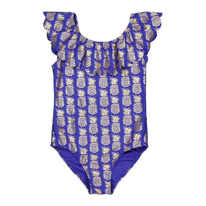 Blue - Back - Biba Girls Geometric Frill One Piece Swimsuit