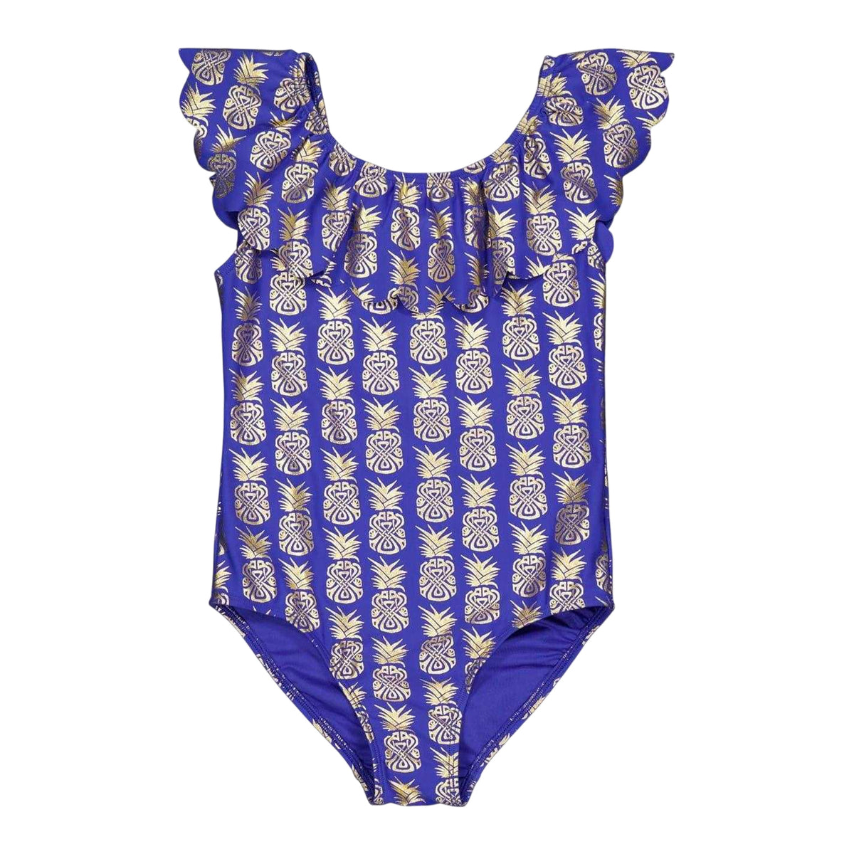 Blue - Back - Biba Girls Geometric Frill One Piece Swimsuit