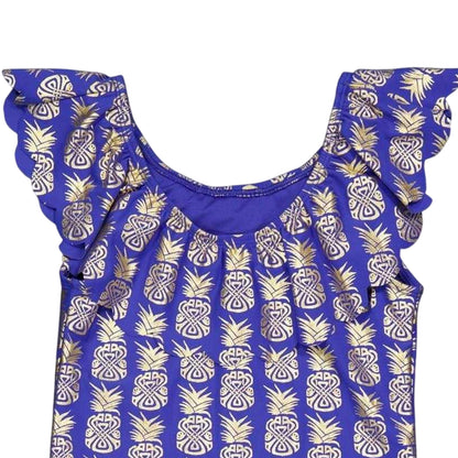 Blue - Side - Biba Girls Geometric Frill One Piece Swimsuit