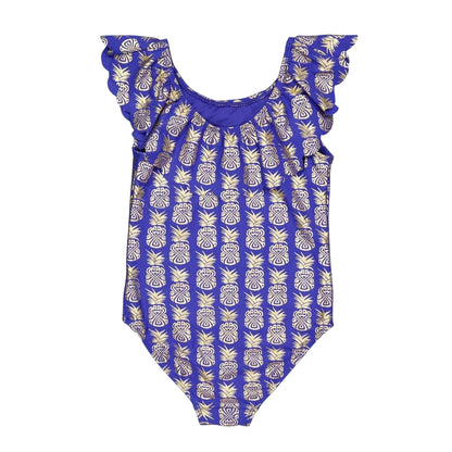 Blue - Front - Biba Girls Geometric Frill One Piece Swimsuit