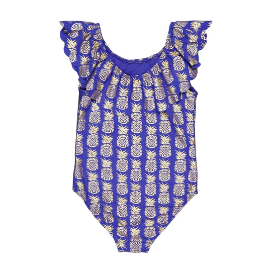 Blue - Front - Biba Girls Geometric Frill One Piece Swimsuit