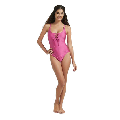 Raspberry - Pack Shot - Be You Womens-Ladies Lattice Plunge One Piece Swimsuit