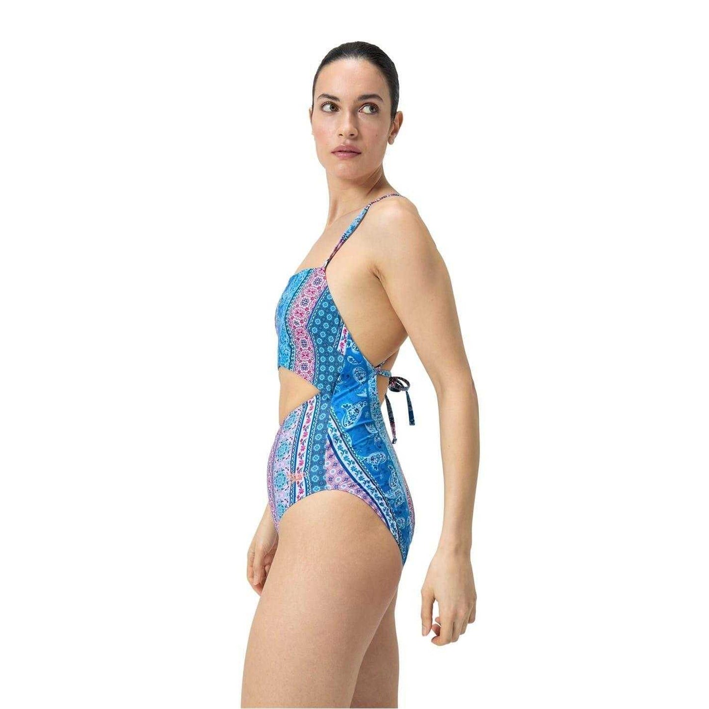 Blue-Pink - Side - Speedo Womens-Ladies Paisley Swimming One Piece Swimsuit