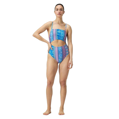 Blue-Pink - Pack Shot - Speedo Womens-Ladies Paisley Swimming One Piece Swimsuit