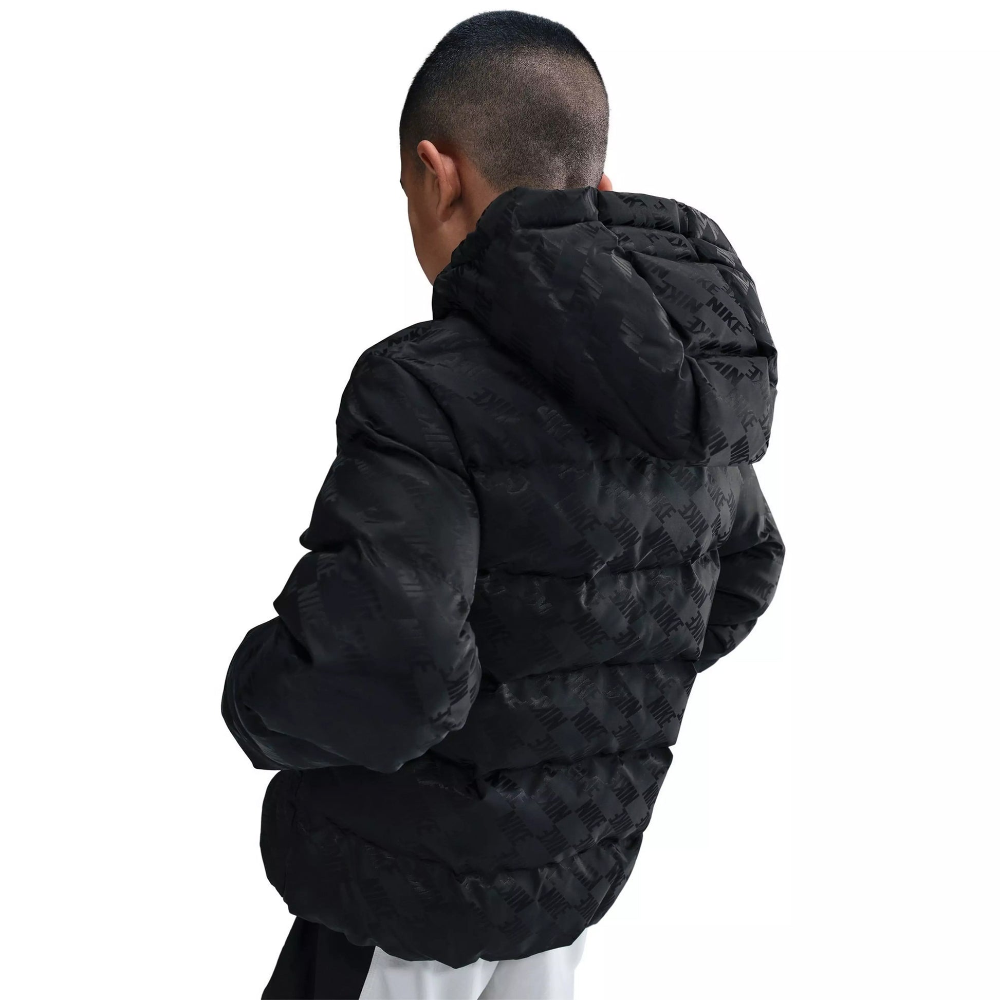 Black - Back - Nike Childrens-Kids All Over Logo Hooded Puffer Jacket