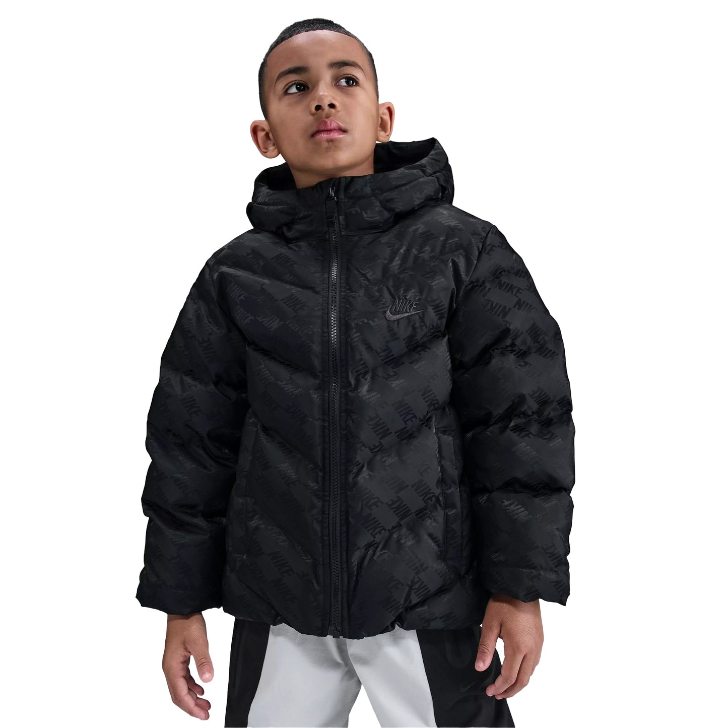 Black - Front - Nike Childrens-Kids All Over Logo Hooded Puffer Jacket