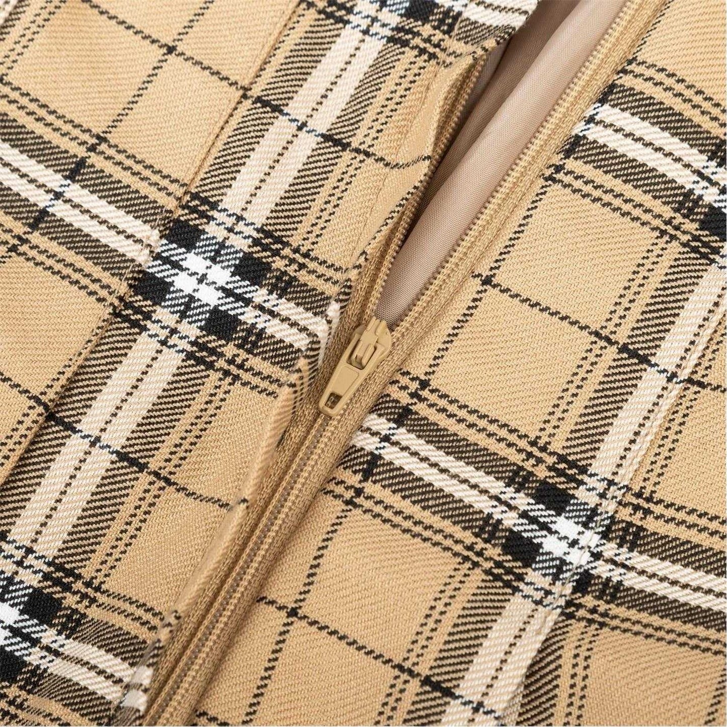 Beige Print - Lifestyle - Fabric Womens-Ladies Polyester Checked Pleated Skort