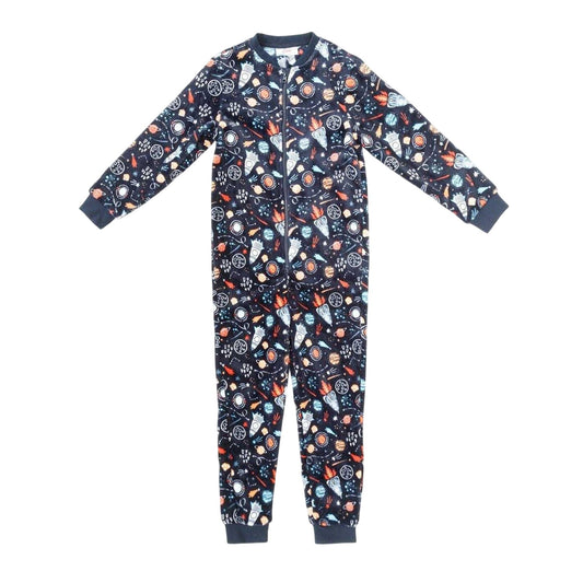 Space - Front - Star Childrens-Kids Space Fleece Sleepsuit