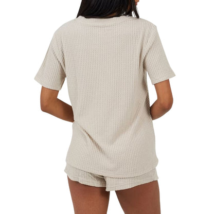 Natural - Back - Brave Soul Womens-Ladies Waffle Knit Short-Sleeved Loungewear Set