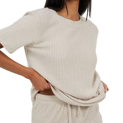 Natural - Side - Brave Soul Womens-Ladies Waffle Knit Short-Sleeved Loungewear Set