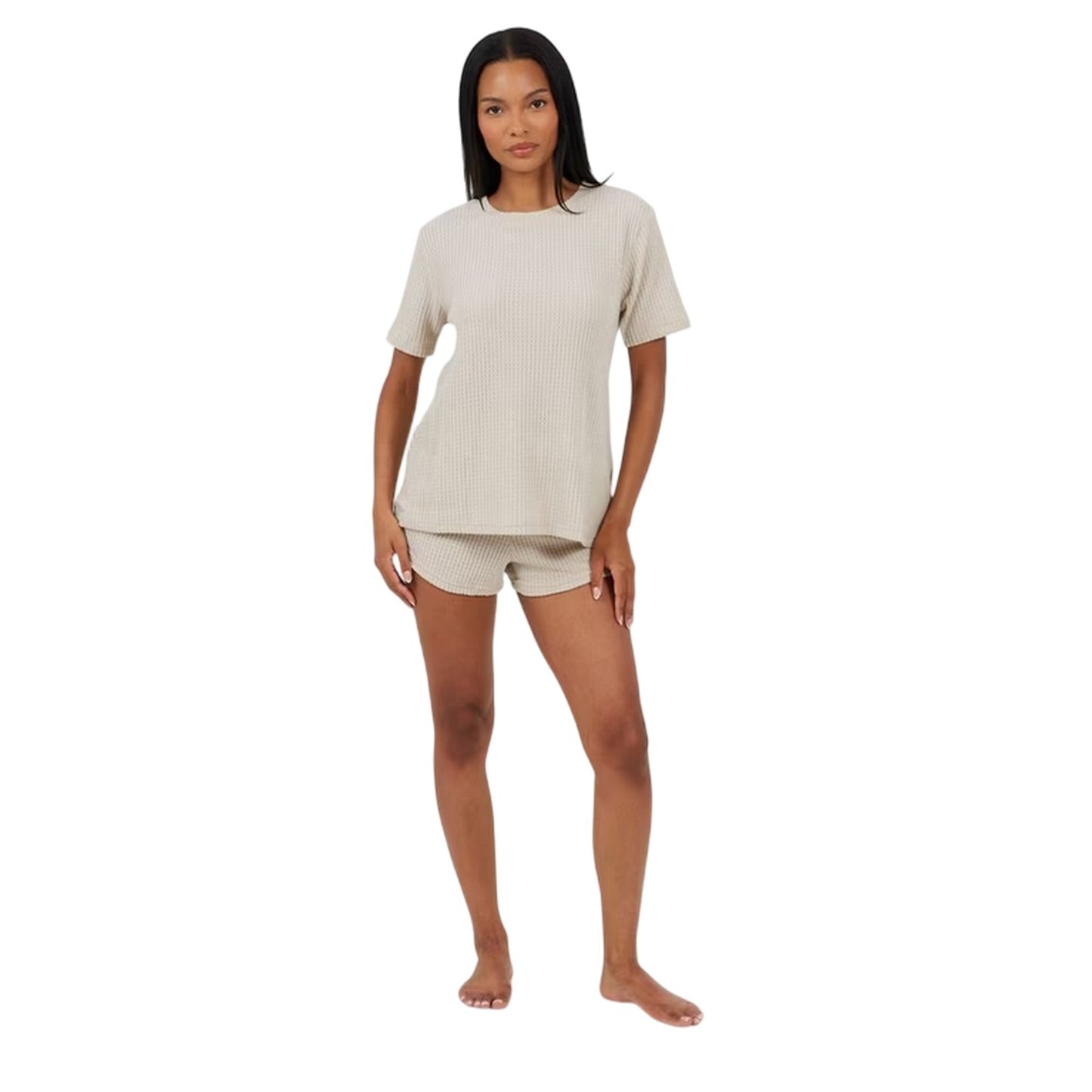 Natural - Lifestyle - Brave Soul Womens-Ladies Waffle Knit Short-Sleeved Loungewear Set