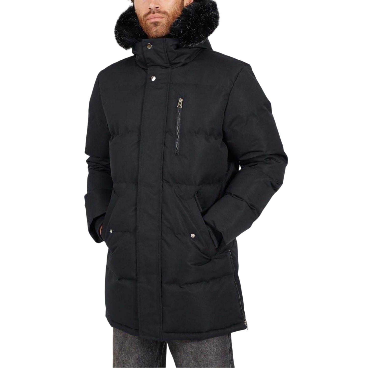 Black - Front - Brave Soul Mens Faux Fur Trim Parka