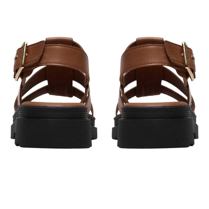 Tan - Back - Clarks Womens-Ladies Orinoco3 Fisherman Leather Chunky Sole Flat Sandals