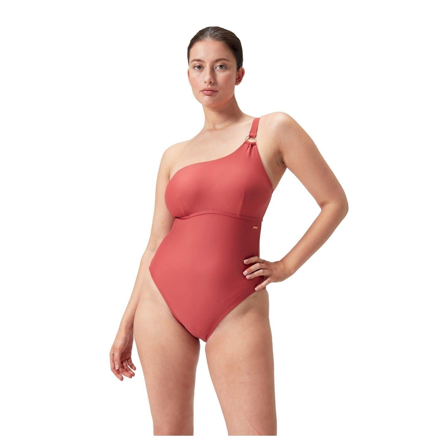 Brown - Side - Speedo Womens-Ladies Asymmetric One Piece Swimsuit