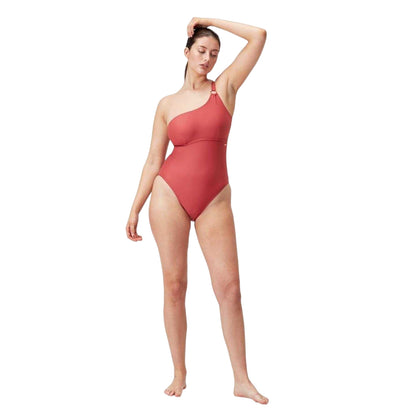 Brown - Pack Shot - Speedo Womens-Ladies Asymmetric One Piece Swimsuit