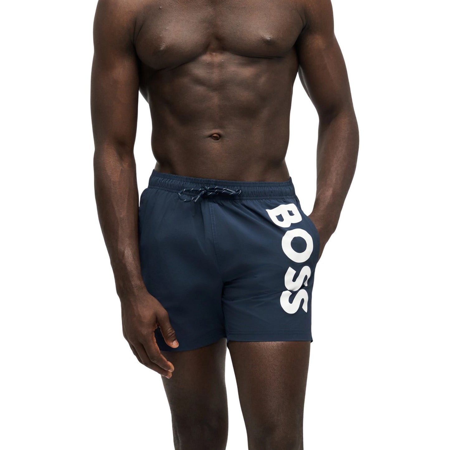Navy - Side - Boss Mens Octopus Bold Logo Swim Shorts