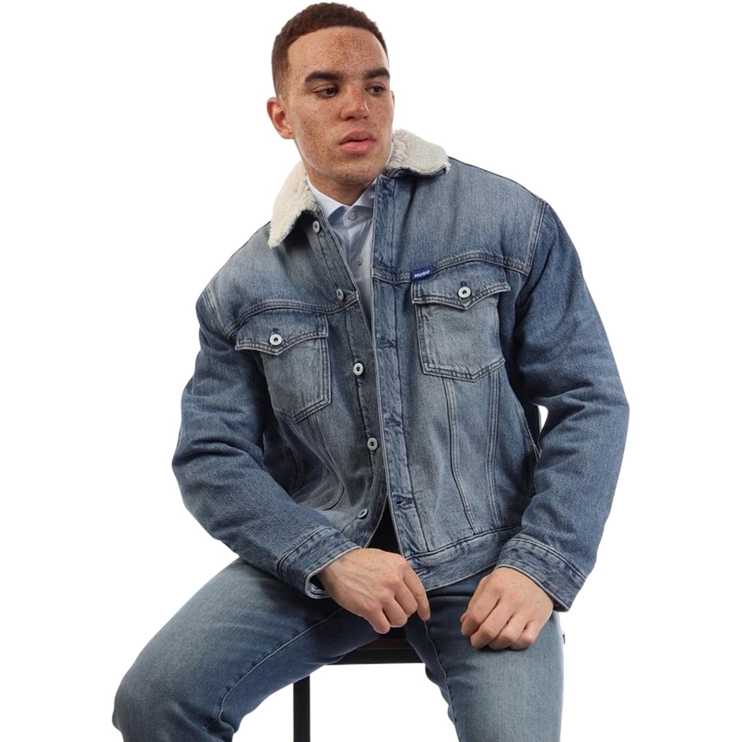 Navy - Side - Hugo Mens Stonewashed Chest Pocket Denim Jacket