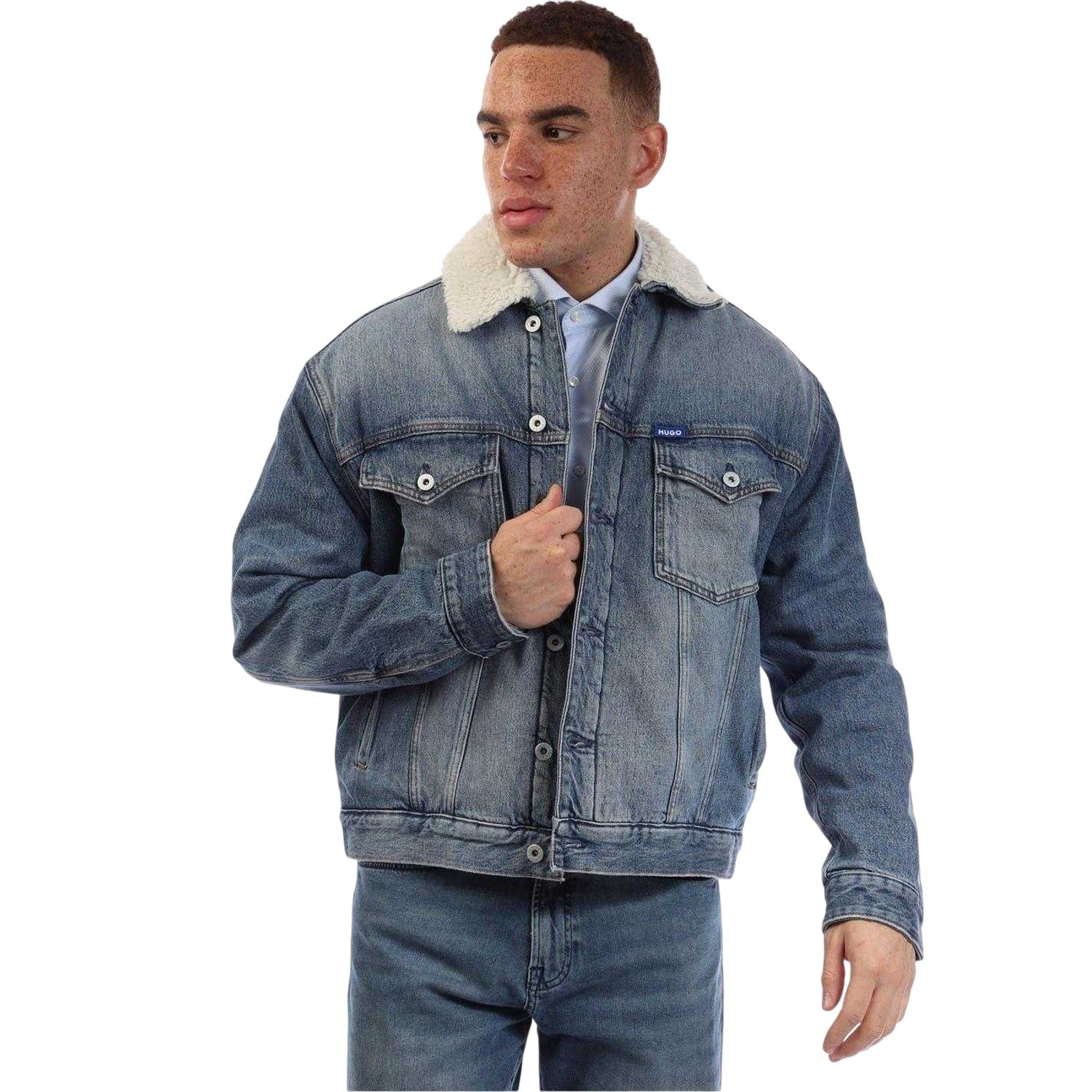 Navy - Front - Hugo Mens Stonewashed Chest Pocket Denim Jacket