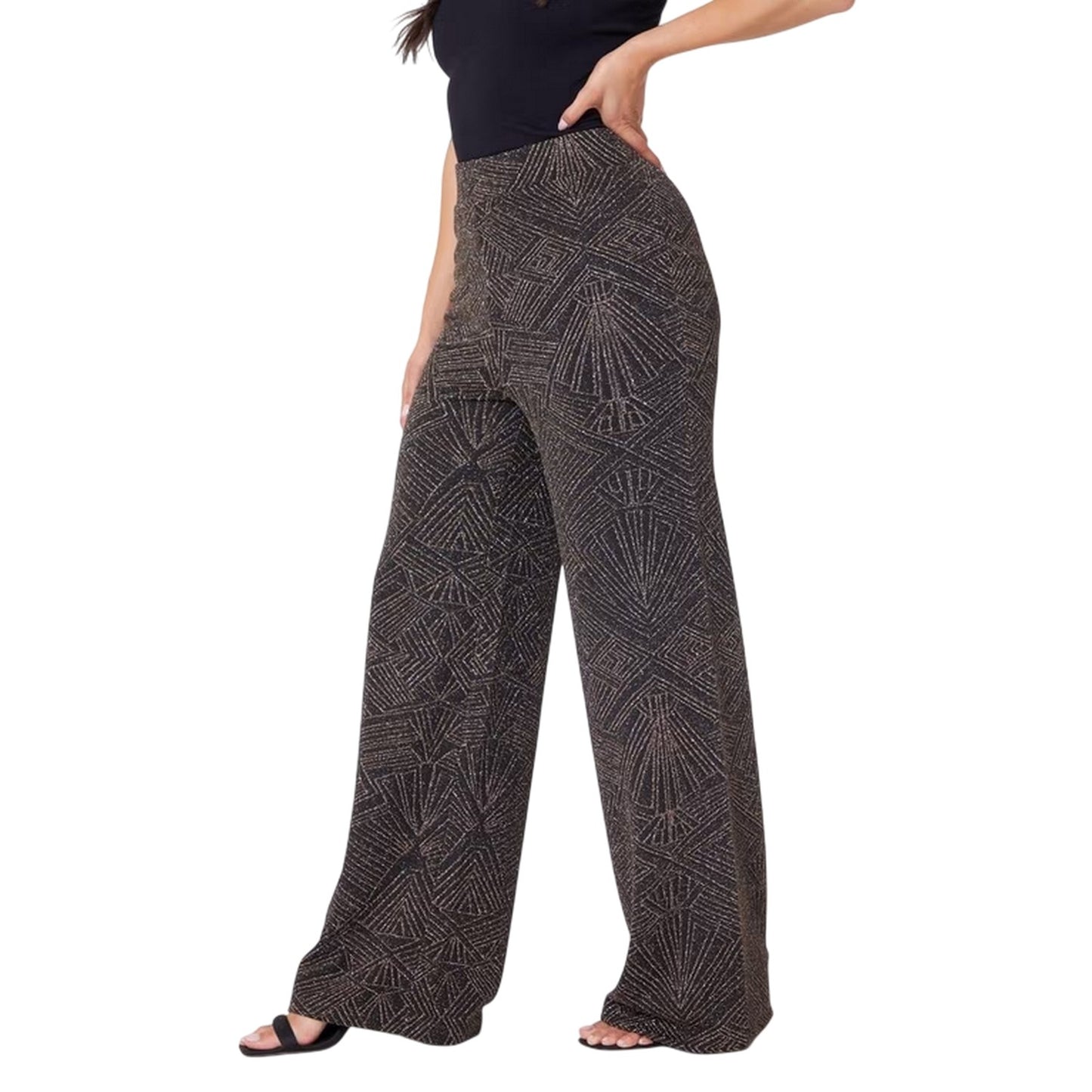 Gold-Silver - Back - Be You Womens-Ladies Lurex Geometric High Rise Wide Leg Trousers