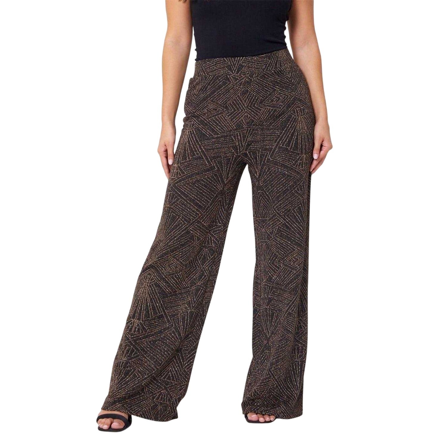 Gold-Silver - Front - Be You Womens-Ladies Lurex Geometric High Rise Wide Leg Trousers