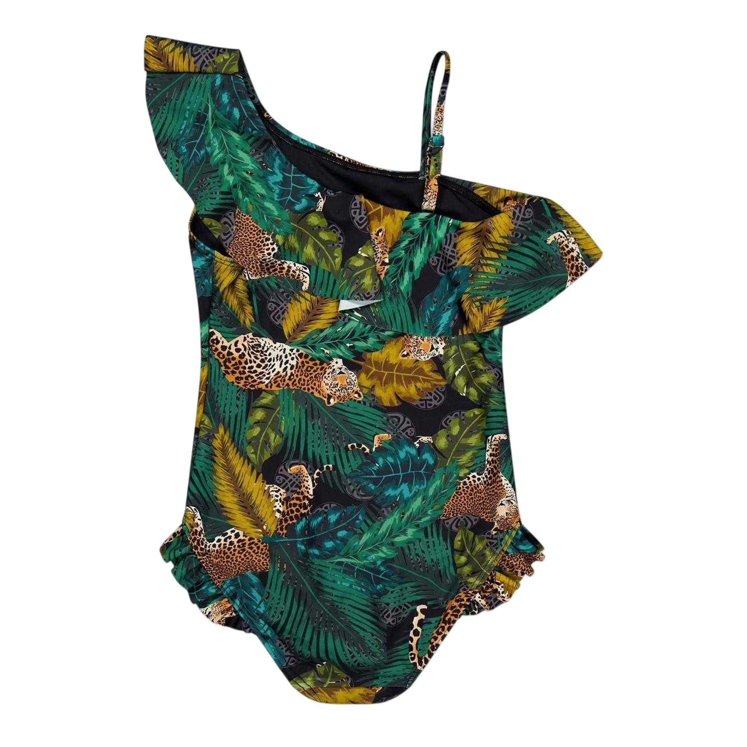 Green-Multicoloured - Back - Biba Girls Jungle Print Asymmetric One Piece Swimsuit