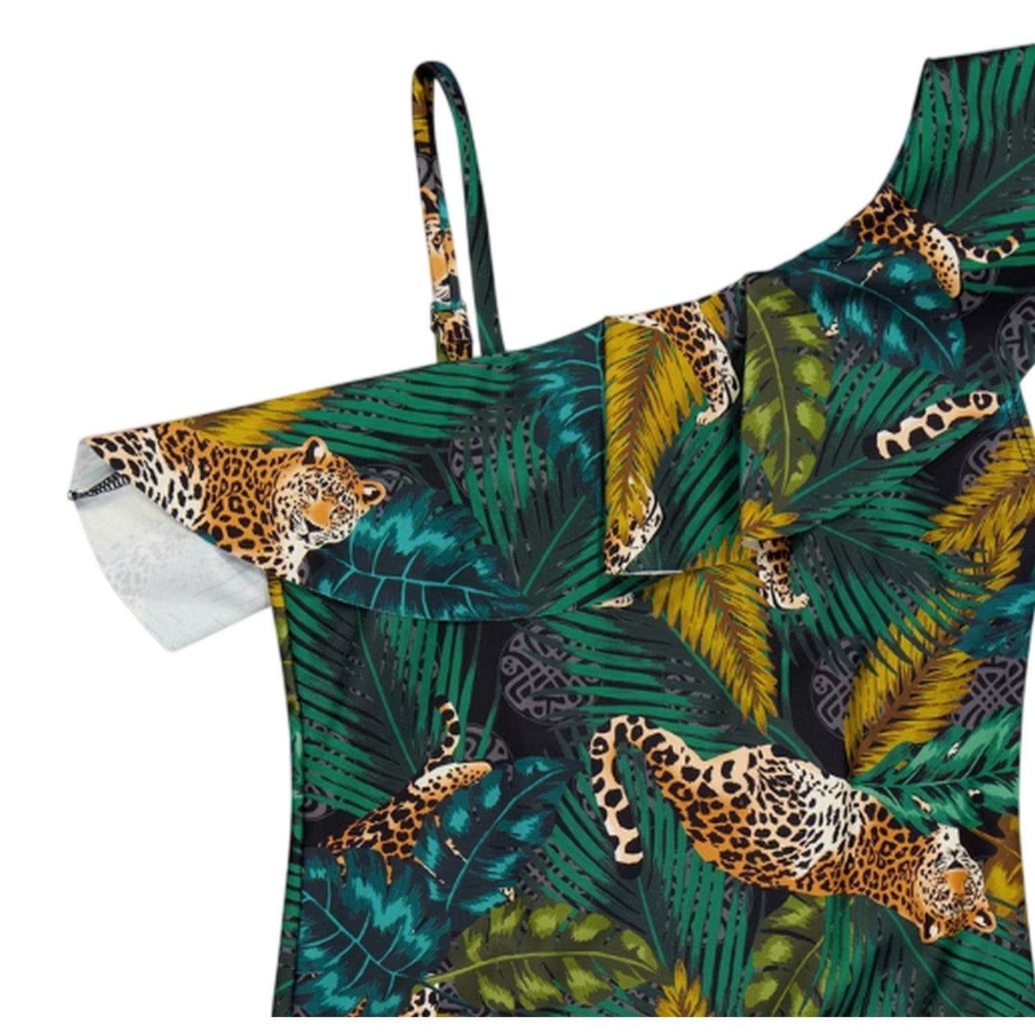 Green-Multicoloured - Side - Biba Girls Jungle Print Asymmetric One Piece Swimsuit