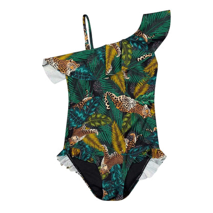 Green-Multicoloured - Front - Biba Girls Jungle Print Asymmetric One Piece Swimsuit