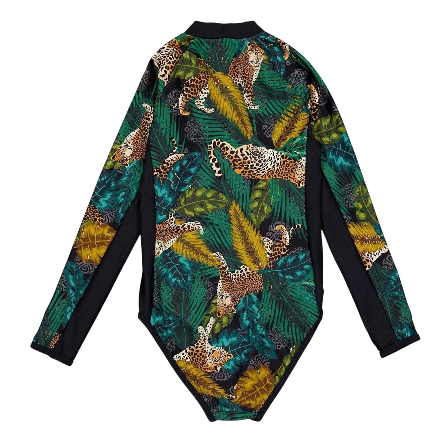 Black - Back - Biba Girls Animal Print Long-Sleeved Rash Guard Swimsuit