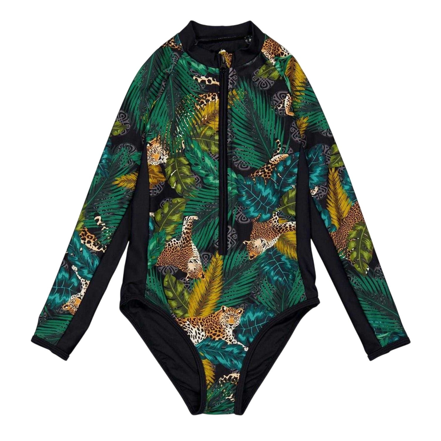 Black - Front - Biba Girls Animal Print Long-Sleeved Rash Guard Swimsuit