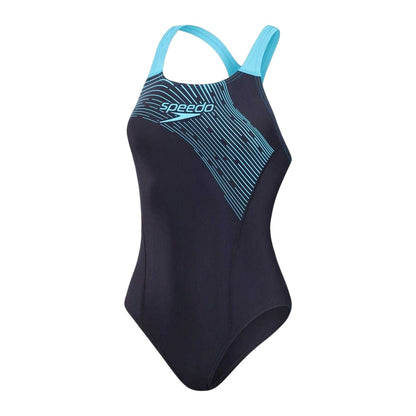 Navy Print - Front - Speedo Womens-Ladies Medley Medalist Logo One Piece Swimsuit