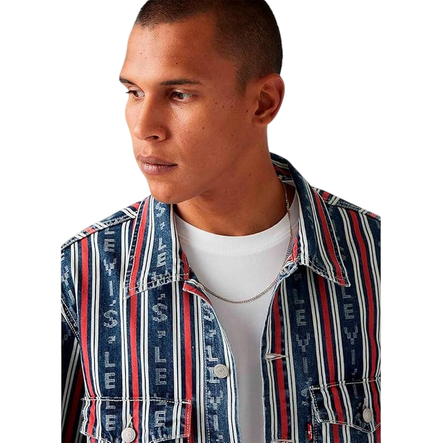 Blue - Side - Levis Mens Vertical Stripe Denim Trucker Jacket