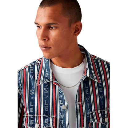 Blue - Side - Levis Mens Vertical Stripe Denim Trucker Jacket