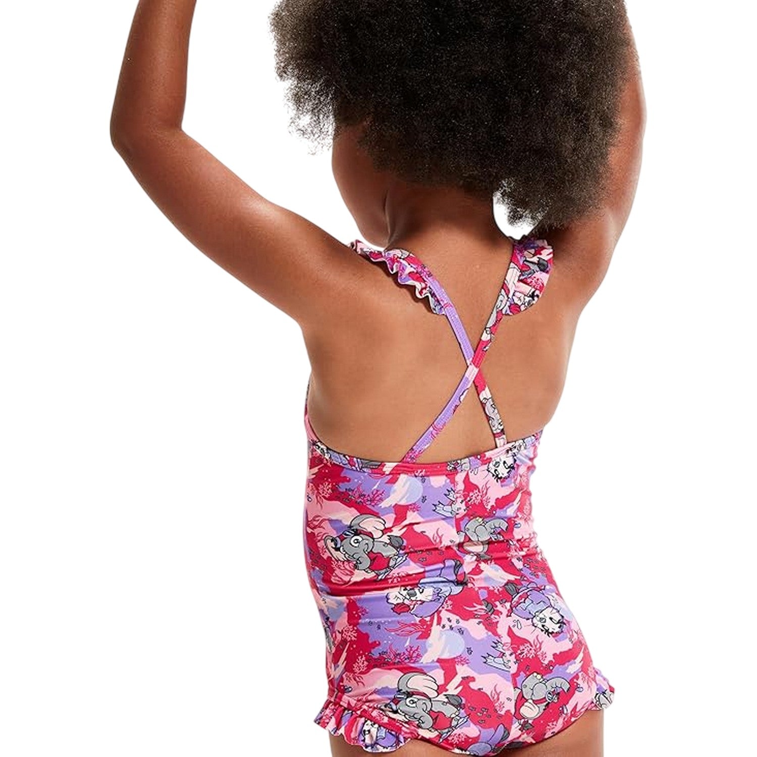 Pink - Back - Speedo Girls Animals Frill One Piece Swimsuit