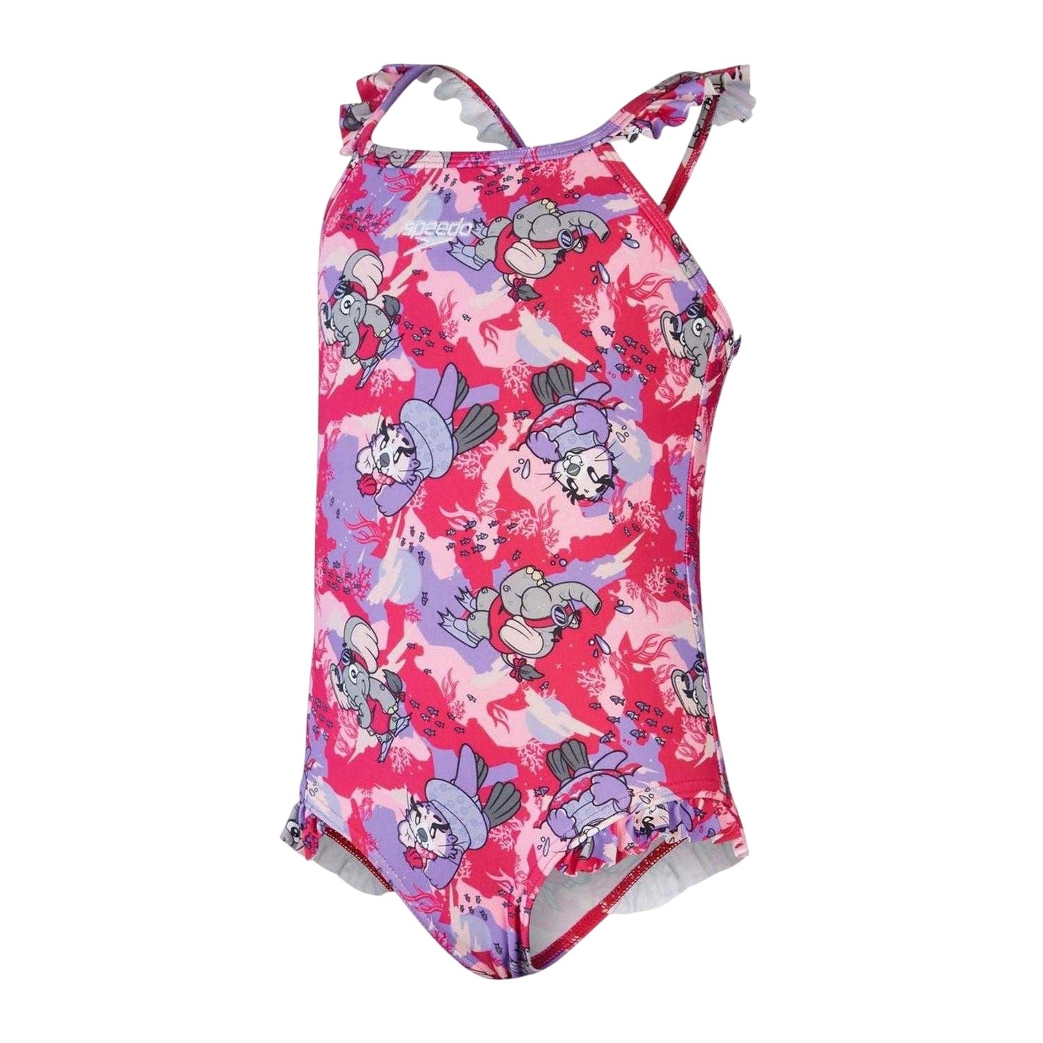 Pink - Front - Speedo Girls Animals Frill One Piece Swimsuit