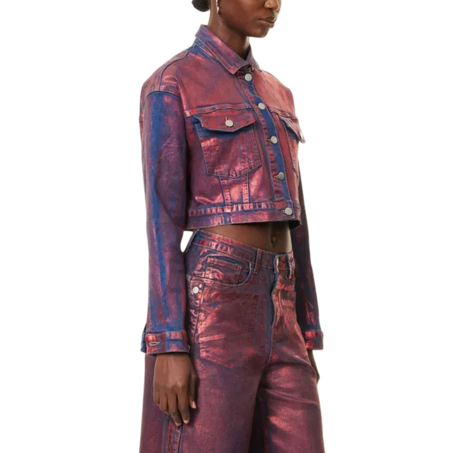Red - Side - AmyLynn Womens-Ladies Metallic Denim Jacket