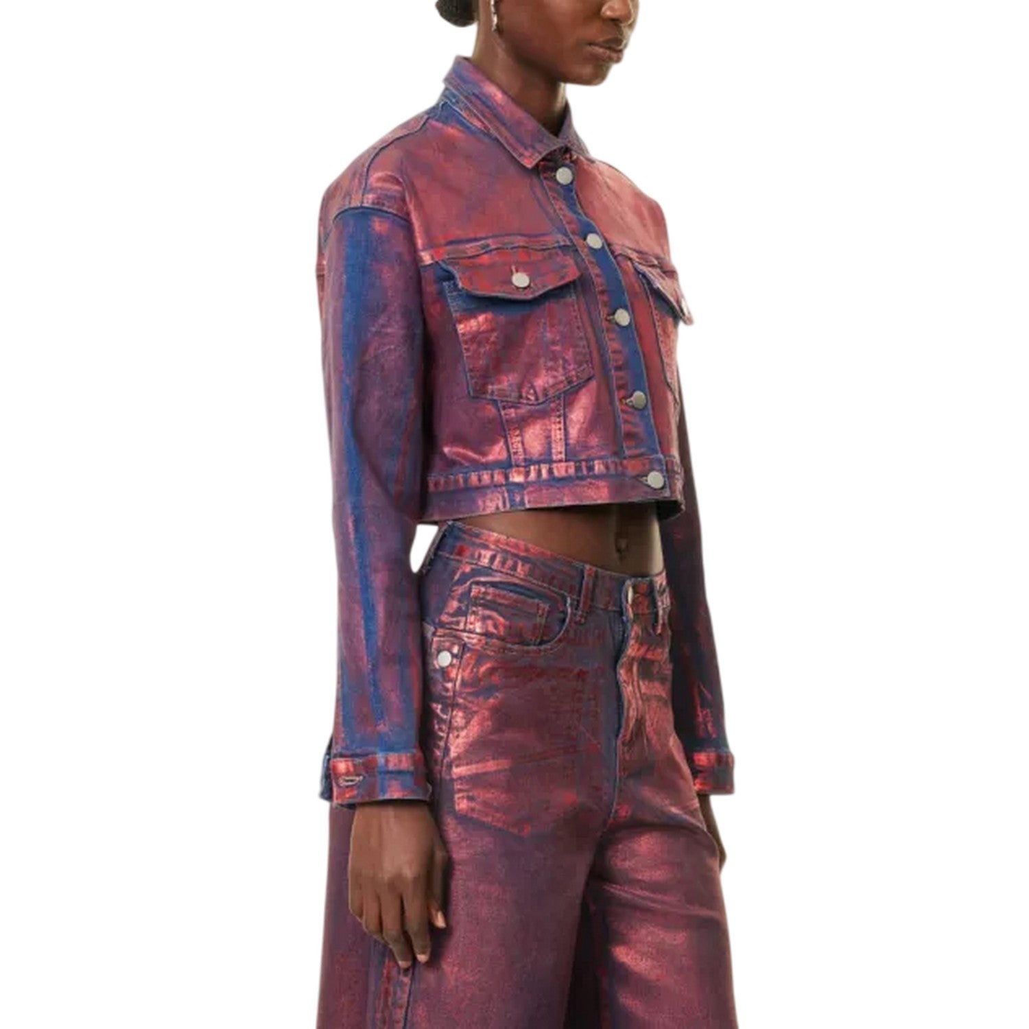 Red - Side - AmyLynn Womens-Ladies Metallic Denim Jacket